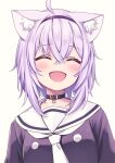  1girl :d ^_^ ahoge animal_ear_fluff animal_ears black_choker black_hairband blush cat_ears cat_girl choker closed_eyes commentary deadnooodles fang grey_background hair_between_eyes hairband highres hololive nekomata_okayu open_mouth purple_hair sailor_collar shirt short_hair simple_background smile solo symbol-only_commentary upper_body white_background white_sailor_collar 