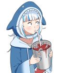  1girl animal_hood blood blue_hair blue_nails constricted_pupils cup drinking drinking_straw fish francisco_mon gawr_gura highres holding holding_cup hololive hololive_english hood looking_to_the_side multicolored_hair shark_hood solo streaked_hair two-tone_hair upper_body white_hair 