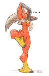  anthro blaziken blue_eyes breasts feathers female generation_3_pokemon hi_res nintendo nude pokemon pokemon_(species) posing_for_picture red_body red_feathers solo video_games yellow_sclera zenmigawa 