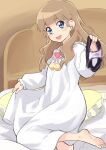  1girl barefoot bed black_panties blue_eyes blush brown_hair highres holding holding_clothes holding_panties holding_underwear kikurage_(crayon_arts) long_hair looking_at_viewer mewkledreamy on_bed open_mouth pajamas panties pillow smile solo star_(symbol) star_in_eye symbol_in_eye tsukishima_maira underwear white_pajamas 