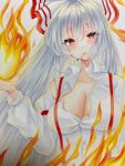  1girl bow breasts cigarette cleavage collared_shirt fire fujiwara_no_mokou grey_hair hair_bow highres large_breasts long_hair looking_at_viewer natsume_nadeshiko pyrokinesis red_eyes shirt simple_background smoking solo suspenders torn_clothes torn_sleeves touhou traditional_media white_background white_shirt 
