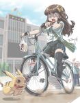  1boy 1girl bag bald between_breasts bicycle bosstseng bow breasts brown_eyes brown_hair building chinese_text constricted_pupils glasses ground_vehicle hair_bow large_breasts miniskirt necktie opaque_glasses open_mouth original pikachu plastic_bag pleated_skirt pokemon pokemon_(creature) republic_of_china_flag riding riding_bicycle school_bag school_uniform shoes signature skirt sneakers strap_between_breasts sweatdrop thighhighs translation_request zettai_ryouiki 