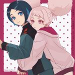  2girls black_hair blue_eyes blue_hair border chuatury_panlunch colored_inner_hair double_bun from_side green_jacket green_shorts gundam gundam_suisei_no_majo hair_bun highres hood hoodie hug hug_from_behind jacket leaning_forward long_hair looking_at_viewer looking_to_the_side multicolored_hair multiple_girls nika_nanaura pink_eyes pink_hair pink_hoodie polka_dot polka_dot_background red_border shorts smile v-shaped_eyebrows yamamotimoti 