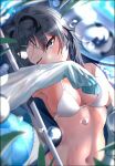  1girl ;) absurdres arknights ball beachball bikini black_hair blue_eyes blue_jacket blush breasts cleavage closed_mouth from_above hair_intakes hair_ornament hairclip head_tilt highres jacket la_pluma_(arknights) long_sleeves looking_at_viewer lying navel nonbiri_(necro_desu) on_back one_eye_closed open_clothes open_jacket photoshop_(medium) short_hair sleeves_past_fingers sleeves_past_wrists smile solo stomach swimsuit water_drop white_bikini wing_hair_ornament 