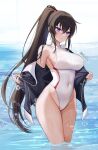  1girl absurdres bangs black_hair black_jacket breasts bubble competition_swimsuit counter:side covered_navel crossed_bangs groin hair_between_eyes highleg highleg_swimsuit highres jacket large_breasts long_hair maett one-piece_swimsuit parted_lips ponytail purple_eyes removing_jacket sidelocks single_bare_shoulder solo swimsuit thighs very_long_hair wading water wet white_one-piece_swimsuit wide_hips yoo_mina 