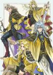  2boys 2girls blonde_hair braid braided_ponytail dual_persona greatsword high_ponytail highres holding holding_sword holding_weapon indesign long_hair messy_hair multiple_boys multiple_girls romancing_saga_2 saga sword the_final_emperor the_final_empress weapon white_hair 