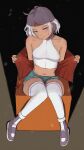  1girl absurdres ahoge aqua_eyes bare_shoulders breasts commentary_request film_grain full_body grey_hair gundam gundam_suisei_no_majo halterneck highres jacket light_smile looking_at_viewer medium_breasts midriff navel open_clothes open_jacket rra5150 secelia_dote shorts sitting solo thighhighs undressing white_thighhighs 