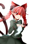  1girl animal_ears bow braid cat_ears extra_ears hair_bow highres hitodama kaenbyou_rin looking_down muumuu_(sirufuruteienn) nekomata pointy_ears red_eyes red_hair slit_pupils smile solo tail touhou twin_braids 