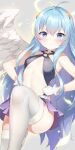  1girl absurdres anael_(soccer_spirits) angel antenna_hair bare_shoulders black_choker blue_eyes blue_hair blush breasts choker closed_mouth clothes_lift feathered_wings frilled_thighhighs frills garter_belt gloves halo highres korean_commentary leg_up long_hair looking_at_viewer midriff navel pleated_skirt purple_skirt serin199 skirt skirt_lift small_breasts soccer_spirits solo thighhighs tsurime underboob very_long_hair wavy_mouth white_gloves white_thighhighs wings 