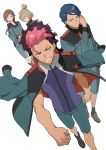  2boys 2girls blonde_hair blue_hair brothers brown_hair felsi_rollo grin guel_jeturk gundam gundam_suisei_no_majo highres jacket jacket_on_shoulders lauda_neill mogumo multicolored_hair multiple_boys multiple_girls petra_itta pink_hair school_uniform shorts siblings smile 