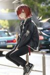  1girl absurdres arknights bilibilida car exusiai_(arknights) ground_vehicle hair_over_one_eye halo highres motor_vehicle parted_lips red_eyes red_hair short_hair sitting solo tagme wings 