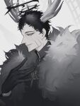  absurdres antlers black_clover black_gloves black_hair dark_halo frit_2 fur_trim gloves halo highres lucius_zogratis pale_skin white_background 