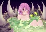  1girl bangs bathing blush breasts closed_mouth completely_nude ddt_(darktrident) hair_between_eyes highres looking_at_viewer nude partially_submerged purple_eyes purple_hair short_hair sitting small_breasts solo spikes starcraft wings zergling_(ddt_(darktrident)) 