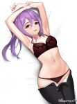  1girl :d armpits arms_up bang_dream! bare_arms bed_sheet black_pants bra breasts cleavage clothes_pull collarbone cowboy_shot dopamine70 highres long_hair looking_at_viewer lying navel on_back on_bed open_fly open_mouth open_pants panties pants pants_pull ponytail purple_hair red_bra red_eyes red_panties seta_kaoru signature small_breasts smile solo stomach twitter_username underwear 