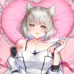  1girl :d animal_ear_fluff animal_ears bare_shoulders bed_sheet braid breasts camisole cat_ears chest_jewel cirnos collarbone dakimakura_(medium) fingerless_gloves from_above gloves grey_hair head_on_pillow heart heart_pillow jacket large_breasts long_sleeves looking_at_viewer lying mio_(xenoblade) off_shoulder on_back on_bed open_clothes open_jacket parted_lips pillow pulled_by_self short_hair smile solo strap_pull upper_body white_camisole white_gloves white_jacket xenoblade_chronicles_(series) xenoblade_chronicles_3 yellow_eyes 