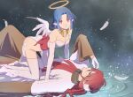  1boy 1girl ass blue_hair breasts cleavage closed_mouth dress elbow_gloves father_and_daughter feathers feet_out_of_frame filia_(star_ocean) gabriel_(star_ocean) gloves looking_at_viewer ocean pointy_ears red_eyes rusinomob short_hair star_(sky) star_ocean star_ocean_the_second_story wings 