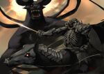  armor berserk fighting glowing glowing_eyes highres horse horseback_riding jhc_kai monster red_eyes riding sharp_teeth shoulder_armor skeleton skull_knight_(berserk) sword_of_resonance teeth zodd_(berserk) 