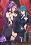  2girls alcohol asymmetrical_docking bangs bare_shoulders bottle braid braided_ponytail breast_press breasts business_suit candle candle_wax candlelight chain cleavage couch cup curtains detached_sleeves dress drinking_glass earrings fire_emblem fire_emblem_heroes flower folding_fan formal garter_straps glass gloves gold_chain green_hair hair_flower hair_ornament hair_ribbon hand_fan hand_on_hip highres holding jewelry large_breasts licking_lips lips loki_(fire_emblem) long_hair looking_at_viewer multiple_girls necktie official_alternate_costume panties panty_peek purple_eyes purple_hair ribbon siblings single_braid sisters sitting smile suit table thigh_straddling thighhighs thighs thorr_(fire_emblem) tongue tongue_out underwear vialnite wine_glass yellow_eyes 