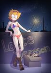  1girl absurdres american_flag_bikini arikindows10 artist_name bikini blue_eyes boots character_name closed_mouth fireworks flag_print freckles glasses hairband highres holding_fireworks little_witch_academia looking_at_viewer lotte_jansson navel night night_sky orange_hair short_hair side-tie_bikini_bottom signature sky smile solo sparkler standing star_(sky) starry_sky swimsuit 