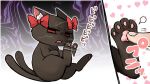  :3 afterimage animal_ear_fluff animal_feet annoyed black_cat bow cat glaring half-closed_eyes heart heart_background kaenbyou_rin kaenbyou_rin_(cat) nekomata noai_nioshi poking red_bow red_eyes sitting toe_beans touhou 