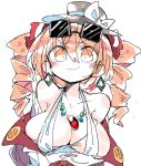  1girl bare_shoulders breasts earrings eyewear_on_head hat jewelry large_breasts looking_at_viewer massakasama off_shoulder simple_background skindentation smile solo sunglasses touhou upper_body v-shaped_eyebrows yorigami_jo&#039;on 