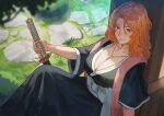  1girl between_breasts bleach blonde_hair blue_eyes breasts emknov haori highres holding holding_sword holding_weapon japanese_clothes jewelry large_breasts matsumoto_rangiku mole mole_under_mouth necklace outdoors sitting sword taichou_haori tree weapon 