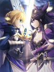  2girls ahoge armor armored_dress artoria_pendragon_(fate) bangs black_bow black_hair blonde_hair blue_dress blue_ribbon bow braid breastplate breasts cleavage closed_mouth commentary_request crossover date_a_live dress excalibur_(fate/stay_night) fate/grand_order fate/stay_night fate_(series) french_braid gauntlets green_eyes hair_bow hair_ribbon highres holding holding_sword holding_weapon juliet_sleeves long_hair long_sleeves looking_at_another multiple_girls ponytail profile puffy_sleeves purple_bow purple_dress purple_eyes ribbon saber shoori_(migiha) short_hair shoulder_armor sidelocks sword sword_clash very_long_hair weapon yatogami_tooka 