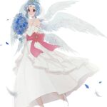  1girl angel_wings bare_shoulders blue_hair breasts cleavage closed_mouth dress elbow_gloves feathered_wings filia_(star_ocean) foot_out_of_frame forehead_jewel gloves lips looking_at_viewer pointy_ears red_eyes short_hair simple_background smile solo star_ocean star_ocean_the_second_story wedding_dress wings 