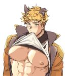  1boy abs animal_ears bangs bara bare_pectorals black_tank_top blonde_hair blush clothes_lift granblue_fantasy green_eyes hazama_(hazamazama) jacket large_pectorals lifted_by_self male_focus muscular muscular_male nipples open_clothes open_jacket orange_jacket pectorals shirt_lift short_hair solo tank_top upper_body vane_(granblue_fantasy) vane_(halloween)_(granblue_fantasy) wolf_boy wolf_ears 