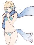  1girl alternate_costume armpit_crease bangs bare_shoulders bikini blonde_hair blue_bikini blue_eyes blue_scarf clam_shell clear_glass_(mildmild1311) earrings fire_emblem fire_emblem_heroes fjorm_(fire_emblem) highres jewelry light_smile looking_at_viewer multi-strapped_bikini navel own_hands_together scarf shell shell_bikini short_hair signature solo swimsuit thighs 