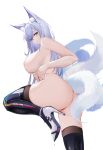 1girl animal_ear_fluff animal_ears ass azur_lane baige0 black_thighhighs blue_eyes boots breasts closed_mouth dripping fox_ears fox_tail hair_between_eyes high_heels highres kitsune large_breasts looking_at_viewer looking_back multiple_tails nipples official_alternate_costume panties race_queen shinano_(azur_lane) shinano_(moonlit_chrome)_(azur_lane) simple_background solo strap_pull string_panties tail thigh_boots thighhighs thighhighs_under_boots topless underwear white_background 
