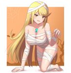  absurdres bandages bangs blonde_hair breasts chest_jewel halloween highres large_breasts long_hair mummy mummy_costume mythra_(xenoblade) naked_bandage ryochan96154 swept_bangs very_long_hair xenoblade_chronicles_(series) xenoblade_chronicles_2 yellow_eyes 