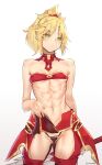  1girl abs absurdres ass_visible_through_thighs bare_arms black_panties blonde_hair clarent_(fate) clothes_pull deccatezu fate/apocrypha fate/grand_order fate_(series) green_eyes highres mordred_(fate) mordred_(fate/apocrypha) neck panties pantyshot ponytail red_scrunchie scrunchie smile sword thighs underwear weapon 