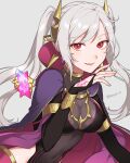  1girl armlet bangs bodystocking breasts bridal_gauntlets cape clothing_cutout collar commentary_request covered_navel dark_persona dragonstone earrings eyes_of_grima fang fire_emblem fire_emblem_awakening fire_emblem_heroes floating floating_object grey_background grima_(fire_emblem) hair_ornament hand_tattoo high_collar highres jewelry large_breasts long_hair looking_at_viewer official_alternate_costume open_mouth peach11_01 purple_cape red_eyes robin_(fire_emblem) robin_(fire_emblem)_(female) simple_background skin_fang smile solo swept_bangs tattoo twintails twitter_username upper_body white_hair 