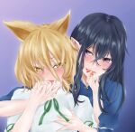  2girls absurdres animal_ears bangs black_hair blonde_hair blue_dress blush breast_grab breasts dress fox_ears fox_girl grabbing highres iizunamaru_megumu kudamaki_tsukasa long_hair mizuki_mukawa multiple_girls nail_polish pointy_ears red_eyes ribbon short_hair tongue tongue_grab touhou unconnected_marketeers white_dress yellow_eyes yuri 