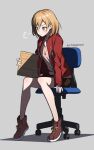  1girl :c =3 bangs blonde_hair blush brown_footwear chair character_name full_body grey_background grey_eyes high_tops highres holding holding_paper jacket jewelry long_sleeves miyamori_aoi necklace office_chair open_clothes open_jacket paper pink_shirt red_jacket shirobako shirt shoes simple_background sitting sneakers solo tai_san_ps4 v-neck v-shaped_eyebrows 