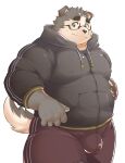  2022 anthro belly bottomwear bulge canid canine canis clothing domestic_dog ellie_saionji eyewear glasses hi_res hoodie humanoid_hands kemono male mammal otaku_(ellie_saionji) overweight overweight_male pants simple_background solo topwear 