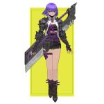  1girl absurdres armor arowana2111 bangs black_armor blunt_bangs blush border brown_footwear closed_mouth commentary dated_commentary english_commentary fingerless_gloves fingernails full_body gloves glowing grey_eyes highres huge_weapon original pauldrons purple_gloves purple_hair short_hair shoulder_armor solo spike sword thigh_strap vambraces weapon white_border 