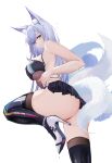  1girl animal_ear_fluff animal_ears ass azur_lane baige0 bare_arms bare_shoulders black_thighhighs blue_eyes boots breasts closed_mouth dripping fox_ears fox_tail hair_between_eyes high_heels highres kitsune large_breasts leotard looking_at_viewer looking_back miniskirt multiple_tails official_alternate_costume panties pleated_skirt race_queen shinano_(azur_lane) shinano_(moonlit_chrome)_(azur_lane) simple_background skirt solo strap_pull string_panties tail thigh_boots thighhighs thighhighs_under_boots thighs underwear white_background 