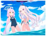  2girls absurdres ahoge ass bikini blue_archive blue_eyes blush border closed_mouth cloud cosplay costume_switch feet_out_of_frame frilled_bikini frills hair_bobbles hair_ornament hair_ribbon halo heterochromia highres hina_(blue_archive) hina_(swimsuit)_(blue_archive) holding holding_innertube horns hoshino_(blue_archive) hoshino_(swimsuit)_(blue_archive) innertube long_hair looking_at_viewer low_wings multiple_girls official_alternate_costume one-piece_swimsuit orange_eyes outdoors petite pink_hair purple_eyes purple_hair ribbon ribbonsnek school_swimsuit sky summer swimsuit twintails very_long_hair wading water white_bikini white_border wings 