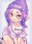  1girl beanie blush closed_mouth collarbone double_horizontal_stripe drill_hair furrowed_brow hat heart highres long_hair looking_at_viewer octarian octoling octoling_girl outline oversized_clothes oversized_shirt pink_eyes pink_footwear purple_hair purple_headwear shina_shina shirt smile socks solo splatoon_(series) splatoon_3 star_(symbol) suction_cups tentacle_hair twitter_username v_arms white_outline white_socks 
