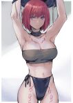  1girl armpits arms_up breasts choker closed_mouth crop_top grel_(r6hgvu5) looking_at_viewer navel nel_zelpher panties purple_eyes red_hair short_hair side-tie_panties simple_background solo star_ocean star_ocean_till_the_end_of_time tattoo underwear undressing white_background 