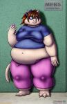  2022 absurd_res accessory anthro belly big_belly bottomwear bow_ribbon breasts brown_hair cellphone clothing deep_navel domestic_cat english_text felid feline felis female fur hair hair_accessory hair_bow hair_ribbon hi_res if_hell_had_a_taste mammal marci_hetson navel obese obese_anthro obese_female overweight overweight_anthro overweight_female pants phone ribbons shirt solo teal_eyes text topwear viroveteruscy weight_gain weight_gain_drive 