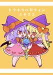  2022 2girls blonde_hair blue_hair bow bowtie candy capelet dress fang flandre_scarlet food halloween hat hat_bow highres holding holding_candy holding_food holding_lollipop lollipop multiple_girls op_na_yarou orange_bow orange_bowtie pink_dress pointy_ears purple_capelet purple_footwear purple_headwear red_dress red_eyes remilia_scarlet siblings sisters smile touhou witch_hat 