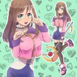  1girl breasts brown_hair closed_mouth green_eyes hair_ornament hairclip long_hair looking_at_viewer open_mouth paw_pose pencil_skirt rusinomob skirt smile solo sophia_esteed star_ocean star_ocean_till_the_end_of_time thighhighs 