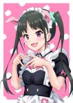  1girl :d absurdres akiba_maid_sensou animal_ears black_hair bow breasts fake_animal_ears fang heart heart_hands highres maid_headdress pig_ears pink_background pink_bow shimizu_keitaro short_sleeves small_breasts smile twintails upper_body yumechi_(akiba_maid_sensou) 