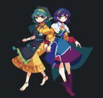  2girls 4qw5 apron blue_hair boots cape dress green_apron green_headwear haniyasushin_keiki head_scarf highres jewelry knife long_hair magatama magatama_necklace multicolored_clothes multicolored_hairband multiple_girls necklace paintbrush patchwork_clothes pink_eyes pink_footwear pixel_art pliers purple_eyes rainbow_gradient short_hair single_strap sky_print tenkyuu_chimata tools touhou yellow_dress zipper 