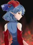  1girl bangs black_background blue_hair closed_mouth curled_horns detached_sleeves earrings goat_horns highres horn_ornament horn_ribbon horns jewelry looking_at_viewer looking_back oni_tama pointy_hair red_eyes red_horns ribbon short_hair solo touhou toutetsu_yuuma upper_body 