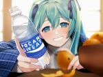  1girl aqua_eyes aqua_hair asazuke25 bangs blanket blurry blurry_background bottle bowl depth_of_field food fruit grin hair_between_eyes hatsune_miku holding holding_bottle holding_food long_hair long_sleeves mandarin_orange pocari_sweat reaching_out smile solo sweater turtleneck turtleneck_sweater twintails vocaloid white_sweater 