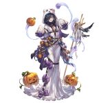  alpha_transparency bangs black_hair blue_bow bow breasts cleavage dress full_body ghost ghost_costume granblue_fantasy hair_between_eyes hair_over_one_eye jack-o&#039;-lantern lich_(granblue_fantasy) long_hair long_sleeves minaba_hideo official_art open_mouth purple_bow purple_eyes sharp_teeth sleeves_past_fingers sleeves_past_wrists small_breasts smile staff teeth transparent_background white_dress 